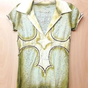 Verdette Green Abstract Boho Western Cross Top S
